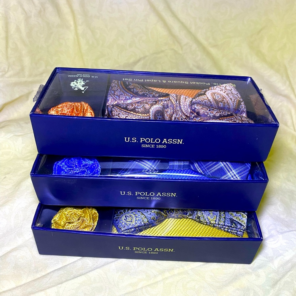 U.S. Polo - Mens Banded Bow Tie, Pocket Square & Lapel Pin Set bundle (3 Count)